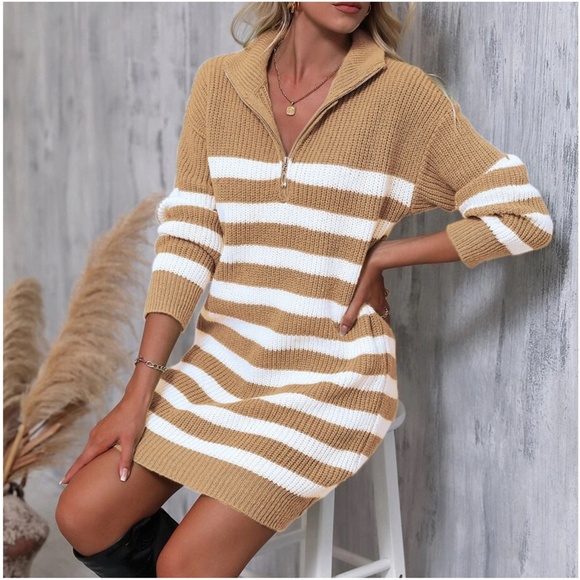 Cozy Color Block Stripes Zipper Sweater Dress - Picture 7 of 12